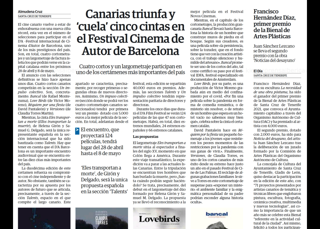 El Día destaca la presencia del cine canario en el D'A Film Festival